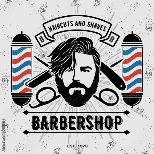 Barbershop logo, poster or banner design concept with barber pole and bearded men. Vector illustration	