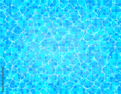 Vector swimming pool with blue tile on bottom and caustic ripple on water. Top view illustration.
