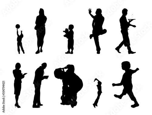 Vector silhouettes, Outline silhouettes of people, Contour drawing, people silhouette, Icon Set Isolated, Silhouette of sitting people, Architectural set	
