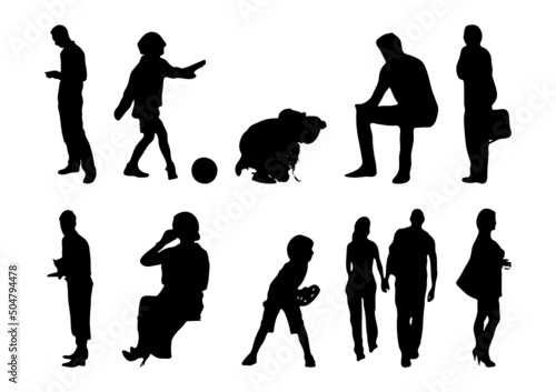 Vector silhouettes, Outline silhouettes of people, Contour drawing, people silhouette, Icon Set Isolated, Silhouette of sitting people, Architectural set	
