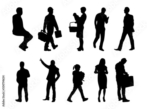 Vector silhouettes, Outline silhouettes of people, Contour drawing, people silhouette, Icon Set Isolated, Silhouette of sitting people, Architectural set	