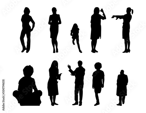 Vector silhouettes, Outline silhouettes of people, Contour drawing, people silhouette, Icon Set Isolated, Silhouette of sitting people, Architectural set	