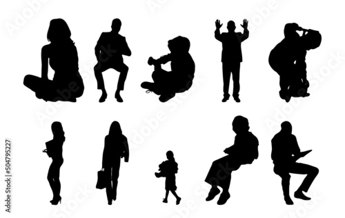 Vector silhouettes, Outline silhouettes of people, Contour drawing, people silhouette, Icon Set Isolated, Silhouette of sitting people, Architectural set	