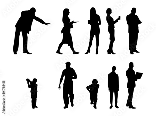 Vector silhouettes, Outline silhouettes of people, Contour drawing, people silhouette, Icon Set Isolated, Silhouette of sitting people, Architectural set	
