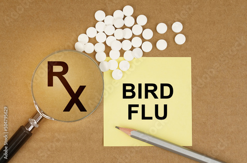 On the table are pills, a magnifying glass, pencils and a sticker with the inscription - Bird Flu