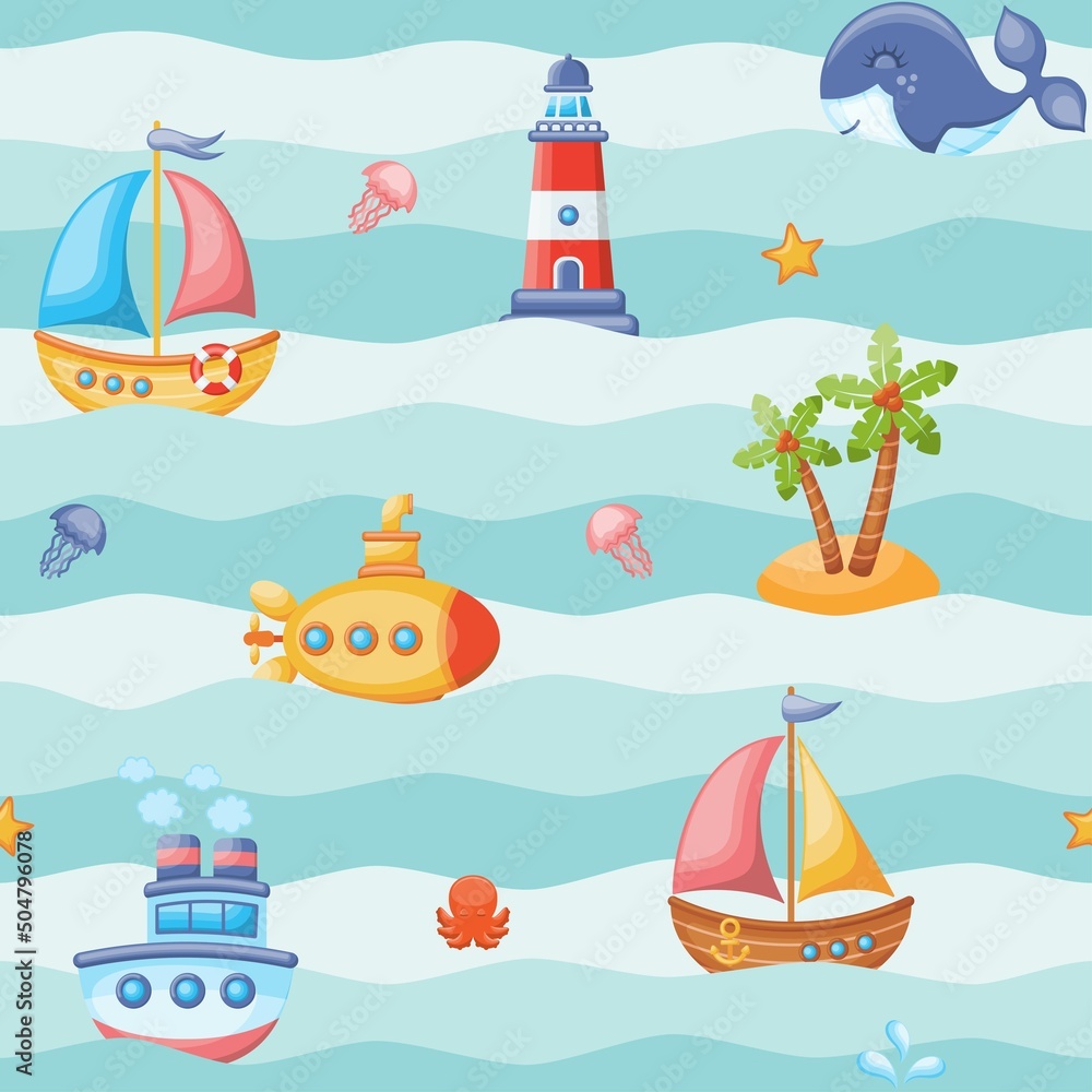 Seamless pattern with sailing boats, submarine, lighthouse, whale and tropical beach. Vector illustration. Seamless pattern with sailing boats, submarine, lighthouse, whale and tropical beach. Vector illustration.