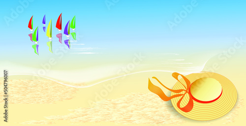 Sunny shore with yachts on the horizon and a straw hat . vacation illustration 
