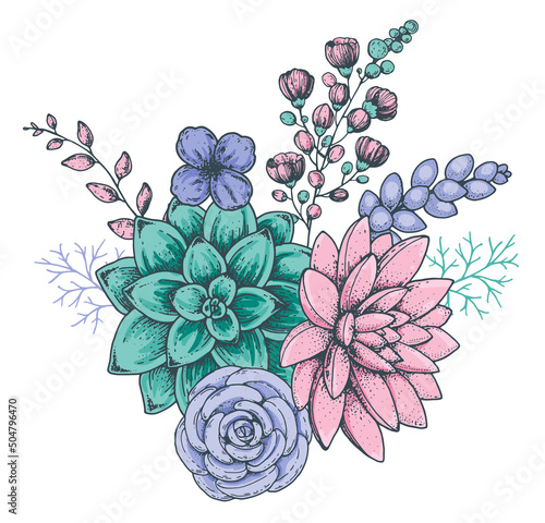 Succulent composition. Hand drawn vector illustration. Floral bouquet. Tattoo vintage print. Illustration for t-shirt print, fabric,greeting cards, wedding invites and other uses.
