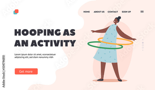 Hooping Kids Activity Landing Page Template. Funny African Girl Playing with Hula Hoop, Character Rolling Ring