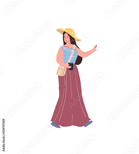 Vector cartoon flat woman character in trendy outfit sends greetings,joyfully gesticulate-positive emotions,friendship,relationships,social communication concept,web site banner ad design