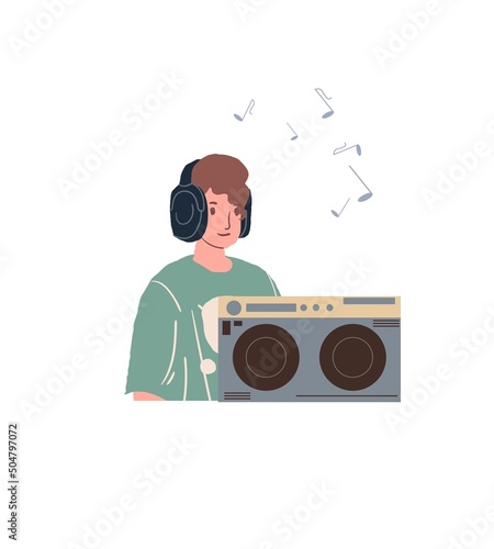 Vector cartoon flat man character listen to music on boombox-entertainment devices,electronic equipment,hobbies and leisure concept,web site banner ad design