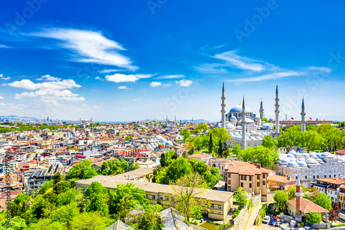 Aerial drone view of the Suleymaniye Mosque, huge Ottoman imperial mosque in Istanbul, Turkey.