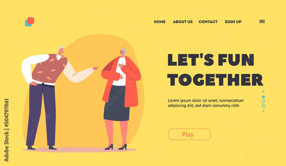 Obraz premium Reaction on Joke, Positive Emotion Landing Page Template. Senior Male and Female Characters Laughing at Something Funny