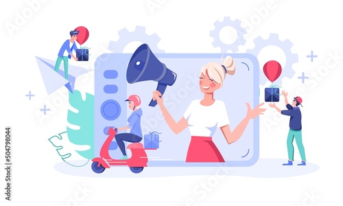Woman with megaphone on smartphone screen announcing bonus prize for customer, courier delivering gift flat vector illustration. Referral program reward concept