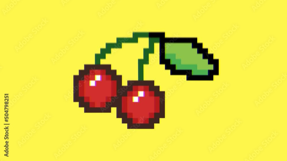 Intentional glitch, distortion and noise fx: a pair of ripe red cherries, united by the stems, with a small leaf at the end, in pixel art style. Yellow background.
Intentional glitch, distortion and noise fx: a pair of ripe red cherries, united by the stems, with a small leaf at the end, in pixel art style. Yellow background.