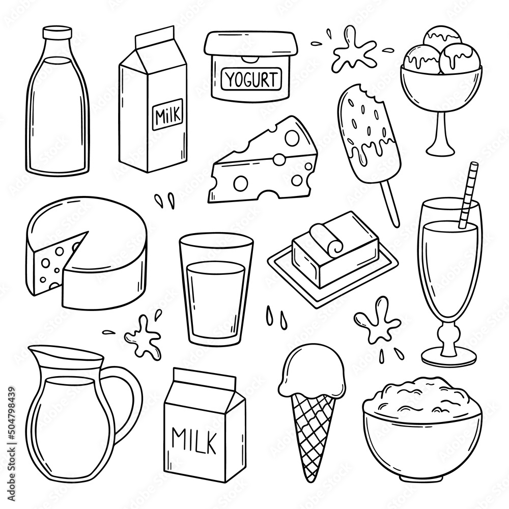 Hand drawn set of Milk and Dairy Products doodle. Farm food cheese