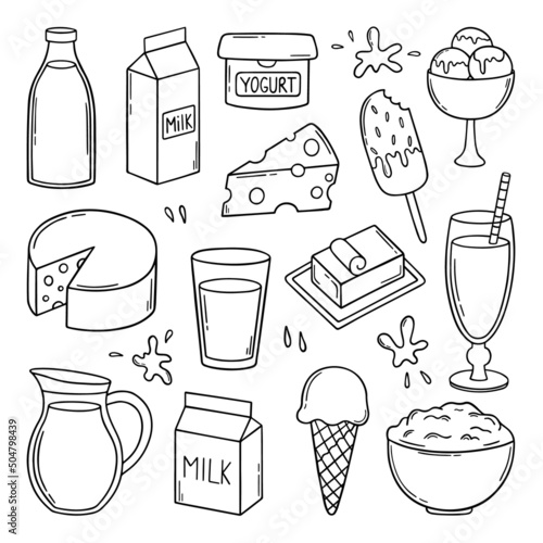 Hand drawn set of Milk and Dairy Products doodle.  Farm food: cheese, butter, yogurt, milk, ice cream, cottage cheese in sketch style.  Vector illustration isolated on white background.