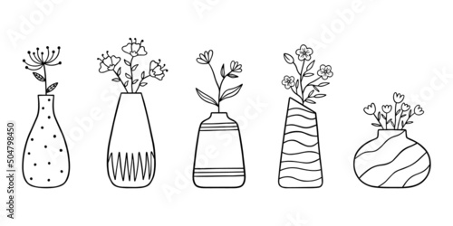 Hand drawn set of flowers and branches in a vase. doodle.  Home plants in sketch style.  Vector illustration isolated on white background.