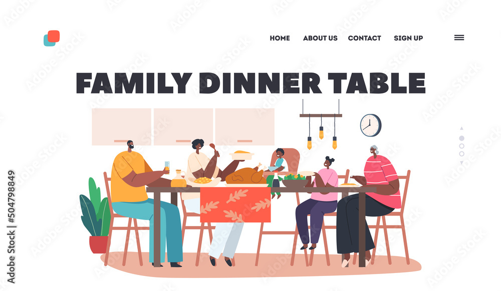 African People Dinner Around Table Landing Page Template. Modern Family Characters Mother, Father, Granny and Kids Eat