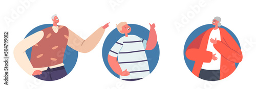 Set of Round Icons People Laughing at Something Funny. Young and Senior Men, Women and Kid Characters Laughter