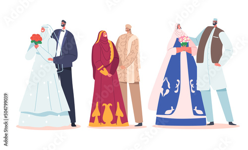 Set Muslim Couples Wedding Ceremony, Traditional Groom and Bride Characters Wear Festive Clothes, Newlywed Marriage