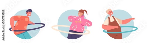 Set of Round Icons Children Characters Exercising with Hula Hoop Rolling on Waist. Summertime Recreation, Games, Fun
