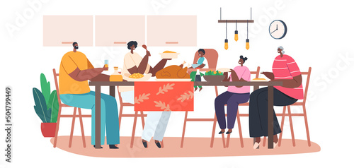 Happy Modern African Family Characters Mother, Father, Granny and Little Kids Having Dinner Around Table with Food