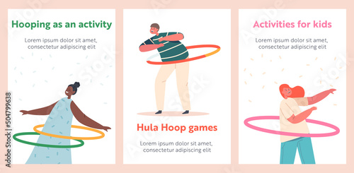 Hooping Activity Banners, Children Characters Exercising with Hula Hoop Rolling on Waist. Summertime Recreation