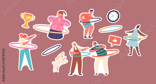 Set of Stickers Children Fun with Hula Hoop, Boys and Girls Characters Rolling Rings on Waist. Kids Active Sparetime