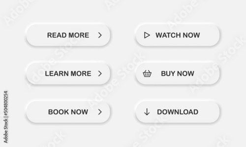 Modern neumorphism material style buttons set in dark colors. Read, learn more, watch and buy now button for web and mobile apps. Vector EPS 10