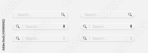 Search Bar for ui, design and web site. Search Address and navigation bar icon. Collection of search form templates in neumorphism style. Vector EPS 10