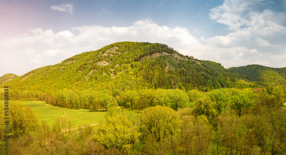 Obraz premium Aerial ecological background with forest covered hills and mountains