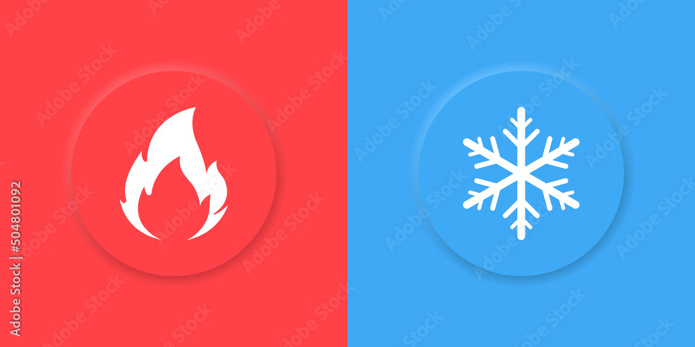 Hot and cold icons. Fire flame and snow snowflake symbols in ...