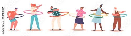 Set of Children Male or Female Characters Exercising with Hula Hoop Rolling on Waist. Summertime Recreation