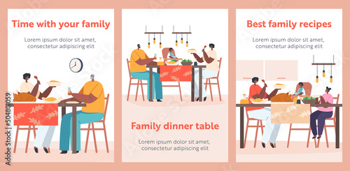 Happy Modern African Family Characters Eating Meal Banners. Mother, Father, Granny and Kids Have Dinner Around Table