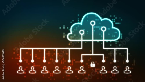 Futuristic cloud with pixel digital transformation abstract new technology blue green orange background. Artificial intelligence and big data. Business industry and wifi data storage communication