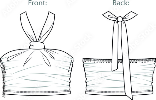 Vector woman strapless blouse sketch, crop sleeveless blouse fashion CAD, summer tight fit top technical sketch, female flat, template. Jersey or woven fabric blouse with front, back view, white color