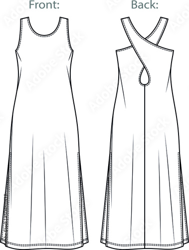 Vector maxi dress with side slits technical drawing, long summer dress fashion CAD, woman sleeveless dress with round neck sketch, template. Jersey or woven fabric dress with front, back view, white