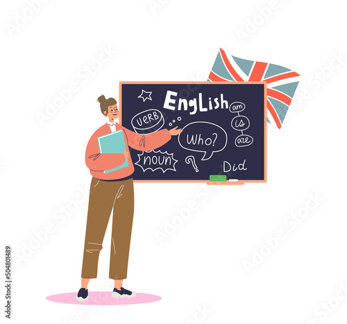 English teacher at blackboard explaining language lesson. School pedagogue woman at chalkboard