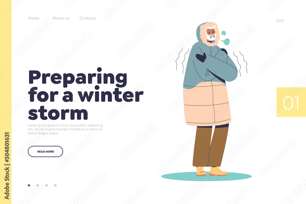 Prepare for winter storm concept of landing page with man in warm parka coat trembling from cold Prepare for winter storm concept of landing page with man in warm parka coat trembling from cold