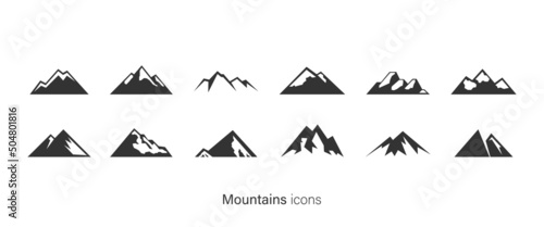 Mountains, rocks and volcano peaks icons vector set. Expedition to the mountains or travel symbols isolated. Vector EPS 10