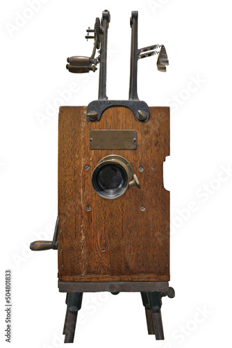 Edison Kinetoscope antique motion picture film projector isolated on white background