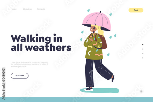 Cute girl walk under umbrella to school in rainy weather. Happy kid in safe from rain with parasol