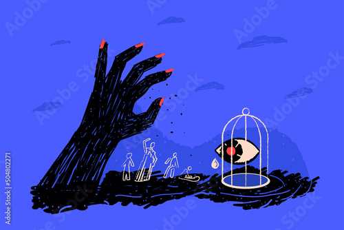 An eye in a cage watching evil, as a metaphor for the trauma of a witness, survivor, PTSD. Traumatic experience of witnessing violence.