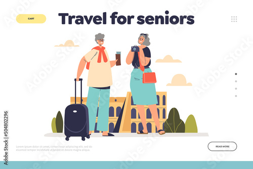 Travel for senior concept of landing page with happy older women friends on vacation trip