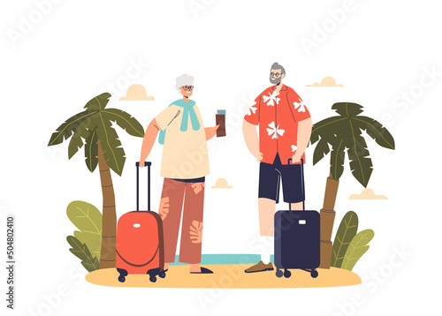 Senior couple travel on seaside vacation. Older man and woman together on exotic tropical sea resort