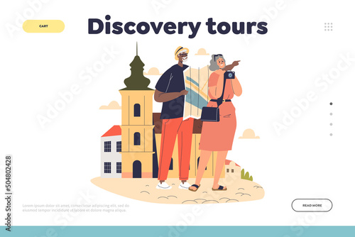 Discovery tour concept of landing page with happy senior couple tourist travel on vacation to Europe