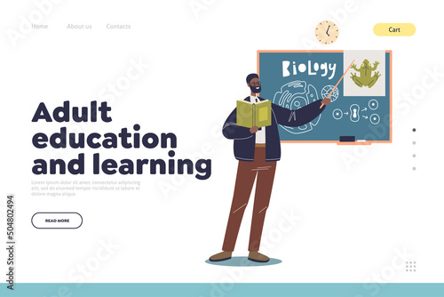 Adult education and learning concept of landing page with biology teacher at blackboard