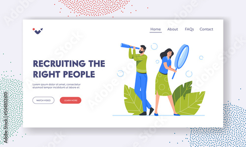 Recruiting Landing Page Template. Business Characters Watch to Spyglass and Magnifier Search for Idea, Business Concept