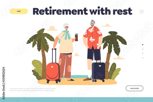 Retirement with rest concept of landing page with senior couple travel on seaside vacation